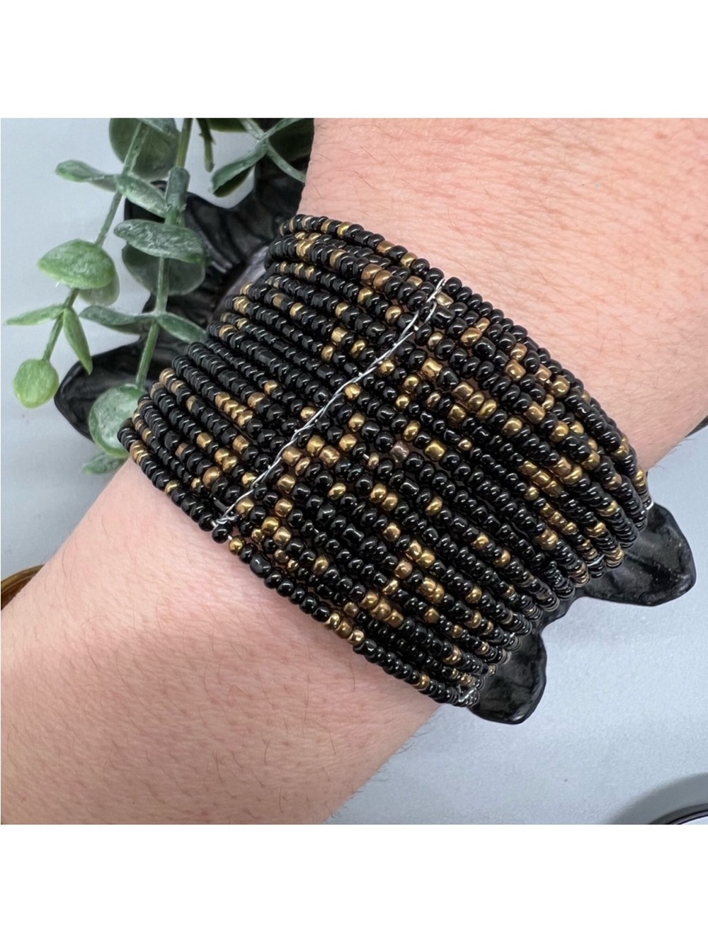 Black and Gold Beaded Stretch Cuff Bracelet -FINAL PRICE DROP